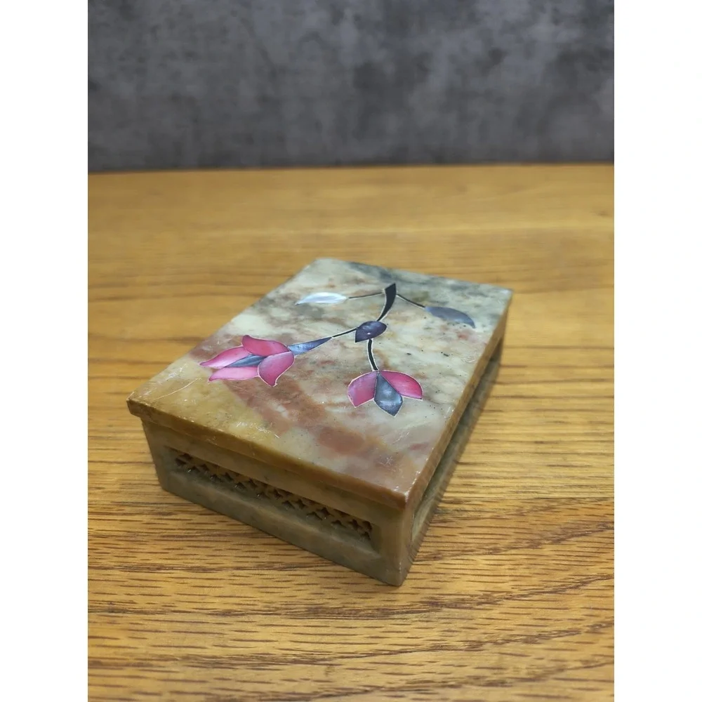 Carved Soapstone with Mother of Pearl Flower Inlay Trinket Box